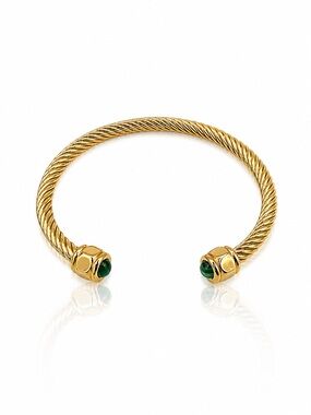 Gold Cable Cuff Bracelet with Green Malachite Stone Accents